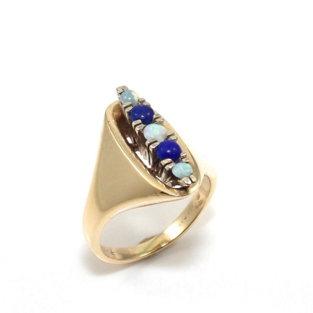14K Yellow Gold Blue Lapis Opal Ring Size 5.5